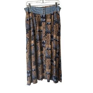 Vintage Capacity Skirt Western Cottage Large Patchwork Print Button Maxi 90s